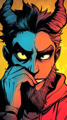 A man with a devilish grin, half blue and half red.