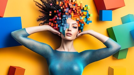An intriguing portrait of a stylish young woman exuding an air of intelligence and sophistication, with a backdrop of vividly colored blocks symbolizing her creative and analytical mind