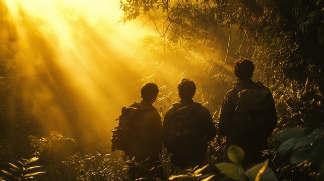 Explorers huddled at the edge of an uncharted jungle, their faces serious as they prepare to enter, thick foliage looming in the background, golden sunlight filtering through