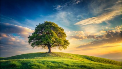Fototapeta premium A solitary tree stands tall against a vibrant sunset sky, its branches reaching towards the heavens, casting long shadows across the lush green meadow below.