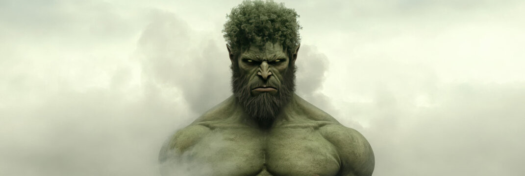 A muscular green humanoid creature stares intensely with a menacing expression.