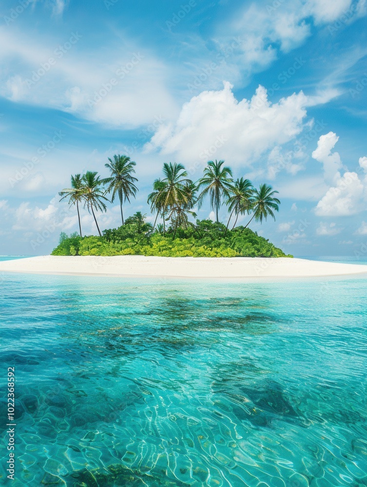 Poster experience the tranquility of a quiet island with soft white sand, surrounded by clear turquoise wat