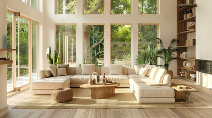interior design Bright living room with an L-shaped sofa, neutral tones, and large floor-to-ceiling windows, complemented by natural wood furniture for a light, airy feel.