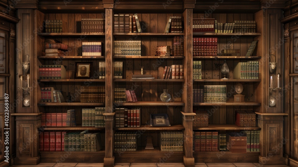 Poster The wooden shelves are lined with textbooks and academic literature, creating a warm atmosphere perfect for studying or research. Generative AI