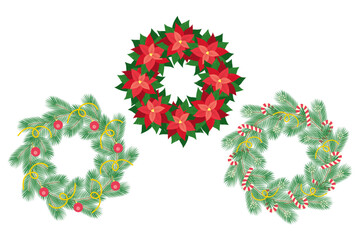 Evergreens twigs with decorated and Poinsettia wreath in trendy Christmas shades. Set of 3 Frames