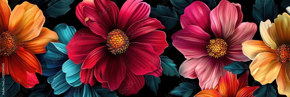 Poster Bright, large flowers in a variety of colors beautifully contrast against a dark background, capturing the essence of summer flora. Generative AI