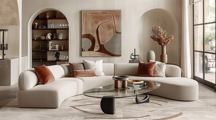 interior design Contemporary living room with a curved sectional sofa, glass coffee table, and abstract sculptures, offering a sleek and artistic interior.
