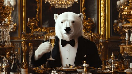 A dapper polar bear in a tuxedo, seated at an opulent dining table, raises a glass amidst lavish decor.