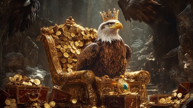 A majestic eagle wearing a crown sits on a golden throne surrounded by treasure, evoking themes of wealth and power.