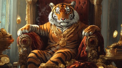 A majestic tiger wearing gold chains sits on a lavish throne surrounded by treasures, embodying power and opulence in a fantastical setting.