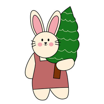 bunny holding green christmas tree