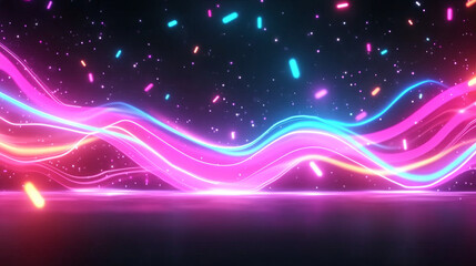 Abstract neon lines and sparkles on a black background.