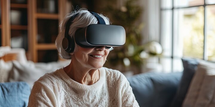 older woman wearing vr headset in living room - Powered by Adobe