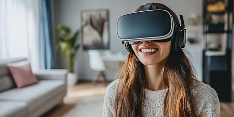 woman wearing vr headset in living room 