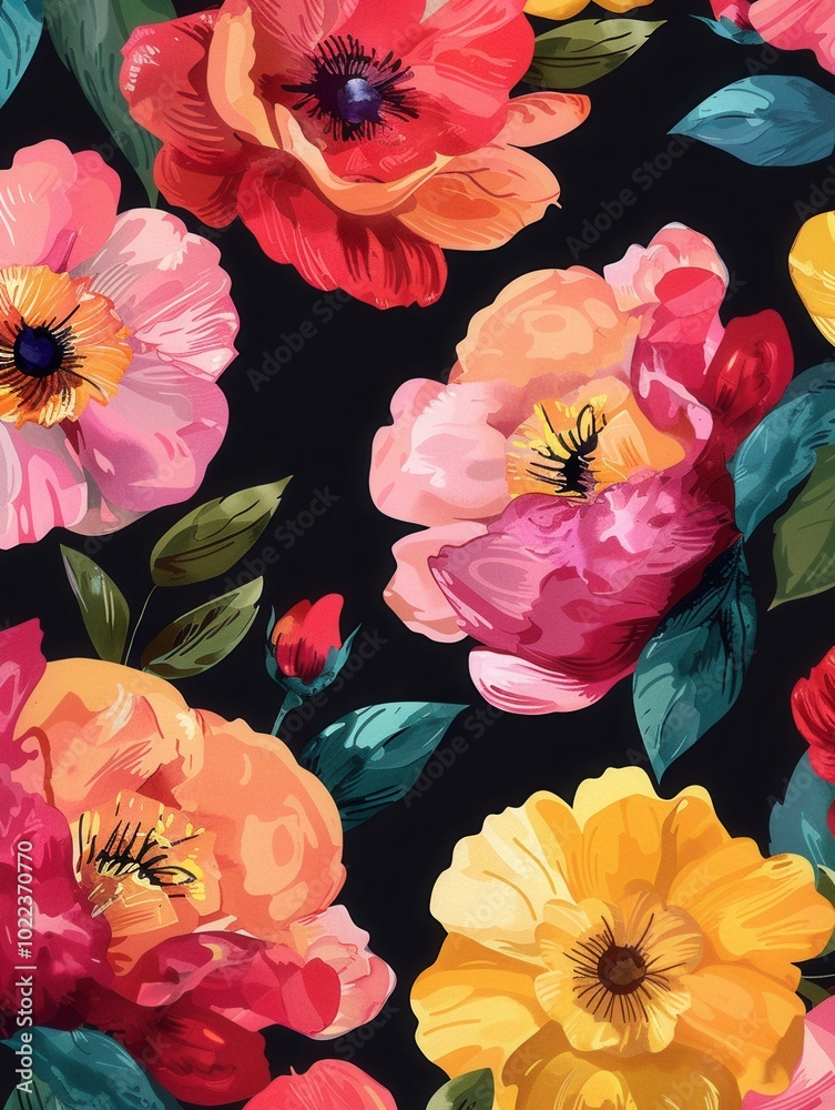 Aufkleber brightly colored flowers bloom in various shades, creating a lively display on a deep black backdrop