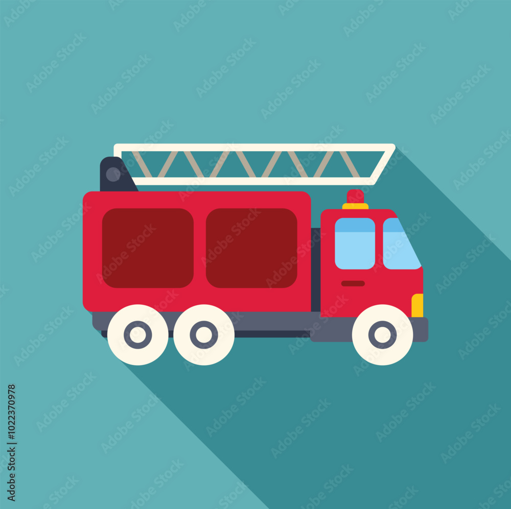 Wall mural Simple vector illustration of a red firetruck with an extended ladder, parked and ready for action