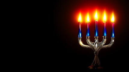 An ultrarealistic photograph of a festive menorah glowing with two brightly burning candles, juxtaposed against a dark background to highlight the vibrant colors and intricate design.