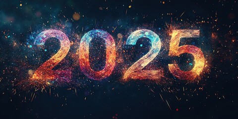 the number "2025" in vibrant colours with sparks on a dark background