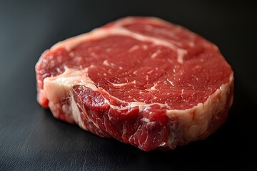 Fototapeta premium A fresh, raw cut of ribeye steak showcasing marbling, ideal for grilling or cooking.