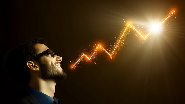 The businessmans determined gaze matches the upward trajectory of the glowing graph, reflecting a sense of optimism and ambition in the world of finance and investments.
