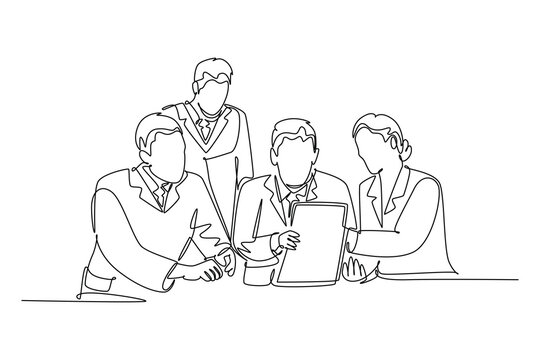 Continuous one line drawing group of male and female doctors discussing and diagnosing patient disease at hospital room. Medical meeting teamwork. Single line draw design vector graphic illustration