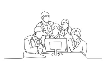 Single continuous line drawing group of young doctor discuss proper treatment while watching medical record patient on computer. Hospital health care. One line draw graphic design vector illustration