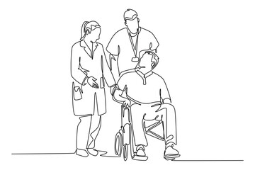 Single continuous line drawing female doctor giving consultation session to male patient on wheelchair. Medical health care treatment concept. Dynamic one line draw graphic design vector illustration