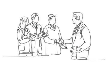 Single continuous line drawing happy hospital head giving congratulate handshake to group of doctors for teamwork achievements. Medical award concept. One line draw graphic design vector illustration