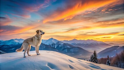 Obraz premium A Lone Canine Stands Guard on a Snowy Peak as the Sun Sets Over a Mountain Range