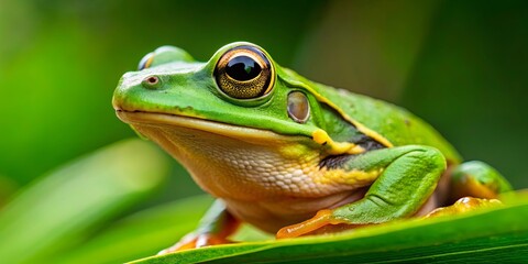 Obraz premium A Vibrant Green Frog with Strikingly Large, Golden-rimmed Eyes Resting on a Lush Leaf, Its Skin Reflecting the Sunlight