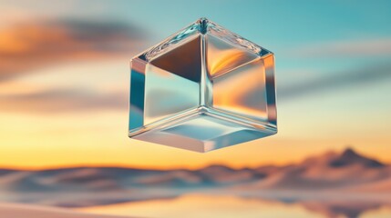 Floating glass cube reflects a serene sunset over a tranquil desert landscape, AI