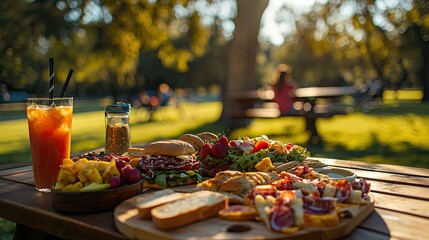 A photograph of a wooden picnic table, covered with a colorful spread of sandwiches, fruit, and drinks, set in a sunlit park. Trees in the background 