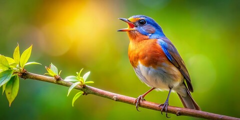Fototapeta premium A vibrantly colored songbird perched on a slender branch, its beak open in a melodic call, a symphony of nature unfolding in the dappled sunlight.