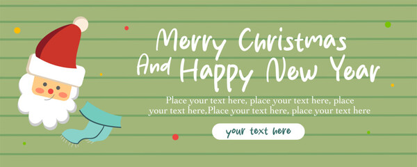 Merry Christmas and Happy New Year flat cute cartoon greeting template with santa illustration, lettering and green background design for holiday invitation, card, poster, cover, banner, flyer, web