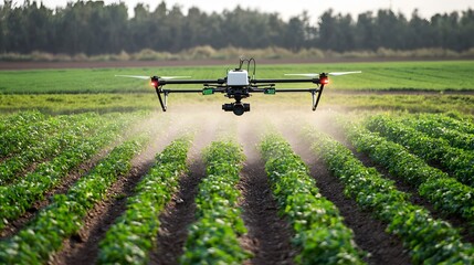 A drone sprays crops in a field, showcasing modern agricultural technology for efficient farming practices.