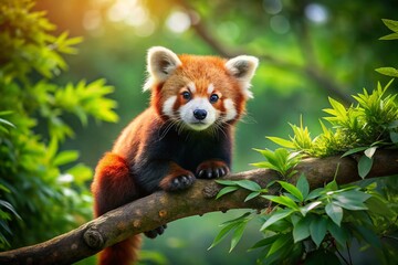 Adorable Red Panda Climbing a Tree Branch in a Lush Forest Environment