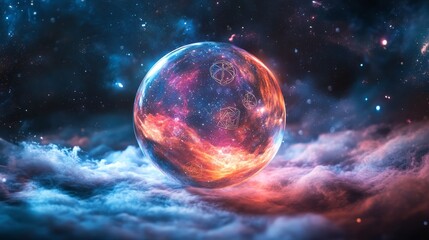 Fototapeta premium A delicate crystal sphere floating in space, containing a swirling nebula of stars and mysterious symbols, Celestial, Surreal, Soft Glow, Ethereal, Dreamlike