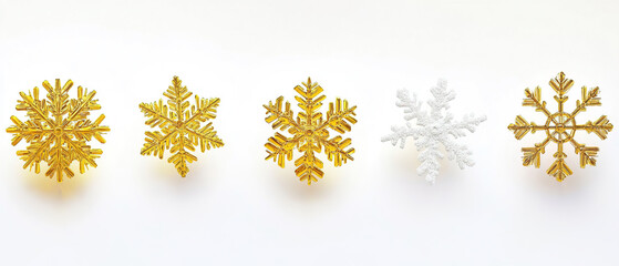 yellow snow flakes in different shape. yellow snow flakes on white background. 