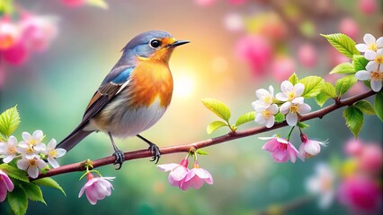 A Vibrant Bird Perched on a Branch Adorned with Delicate Blossoms in a Springtime Garden
