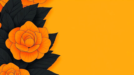 Fototapeta premium Orange paper flowers with black leaves on an orange background.