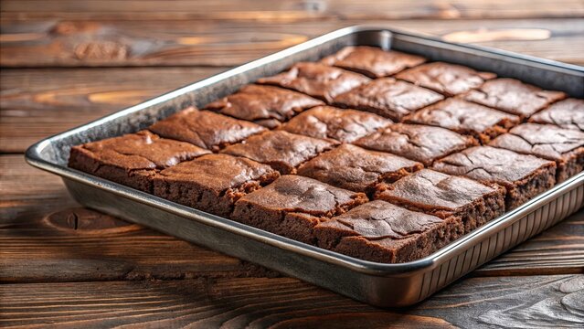A freshly baked batch of brownies, cut into squares, sits in a metal pan on a rustic wooden surface.