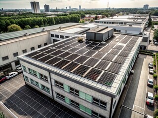 Obraz premium Aerial View of Eco-Friendly Rooftop Solar Power Station on Industrial Building for Renewable Energy Production