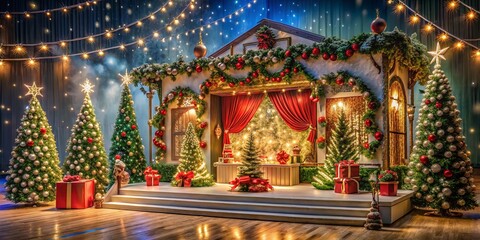 Fototapeta premium Aerial View of Festive Christmas Stage with Product Display and Merry Christmas Banner