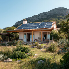 Obraz premium Modern Solar Panels Installed On A Greek Home, Solar Photography, Solar Powered Clean Energy, Sustainable Resources, Electricity Source, Greece Solar Installation. AI generated