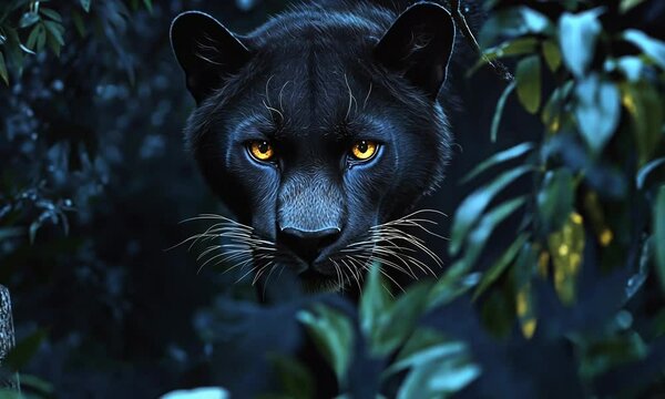 A Black Panther with Golden Eyes Staring from the Shadows