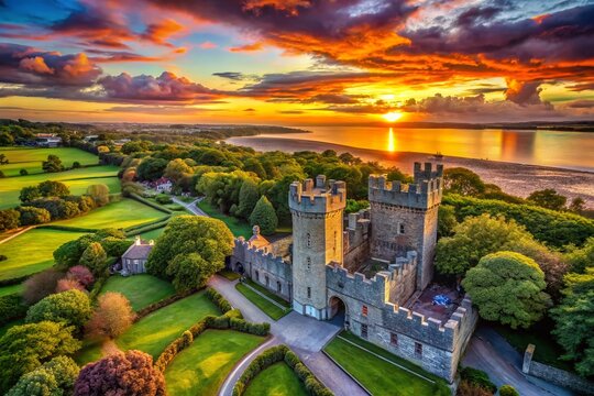Aerial View of Monkstown Castle at Sunset - Stunning Irish Landscape Photography
