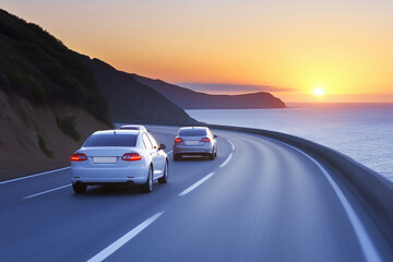 Fototapeta premium Sunset drive along the coastal highway at dusk