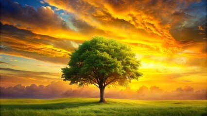 Fototapeta premium A Solitary Tree Stands Tall Against a Vibrant Sunset Sky, Its Silhouetted Form a Symbol of Resilience and Hope in the Face of Nature's Grand Display