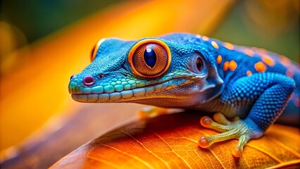 Fototapeta premium A vibrant blue lizard with orange spots and large, mesmerizing orange eyes rests on a textured orange leaf, showcasing nature's intricate beauty.