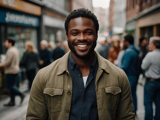 Obraz premium A confident black man with a wide smile standing out in a bustling urban street.